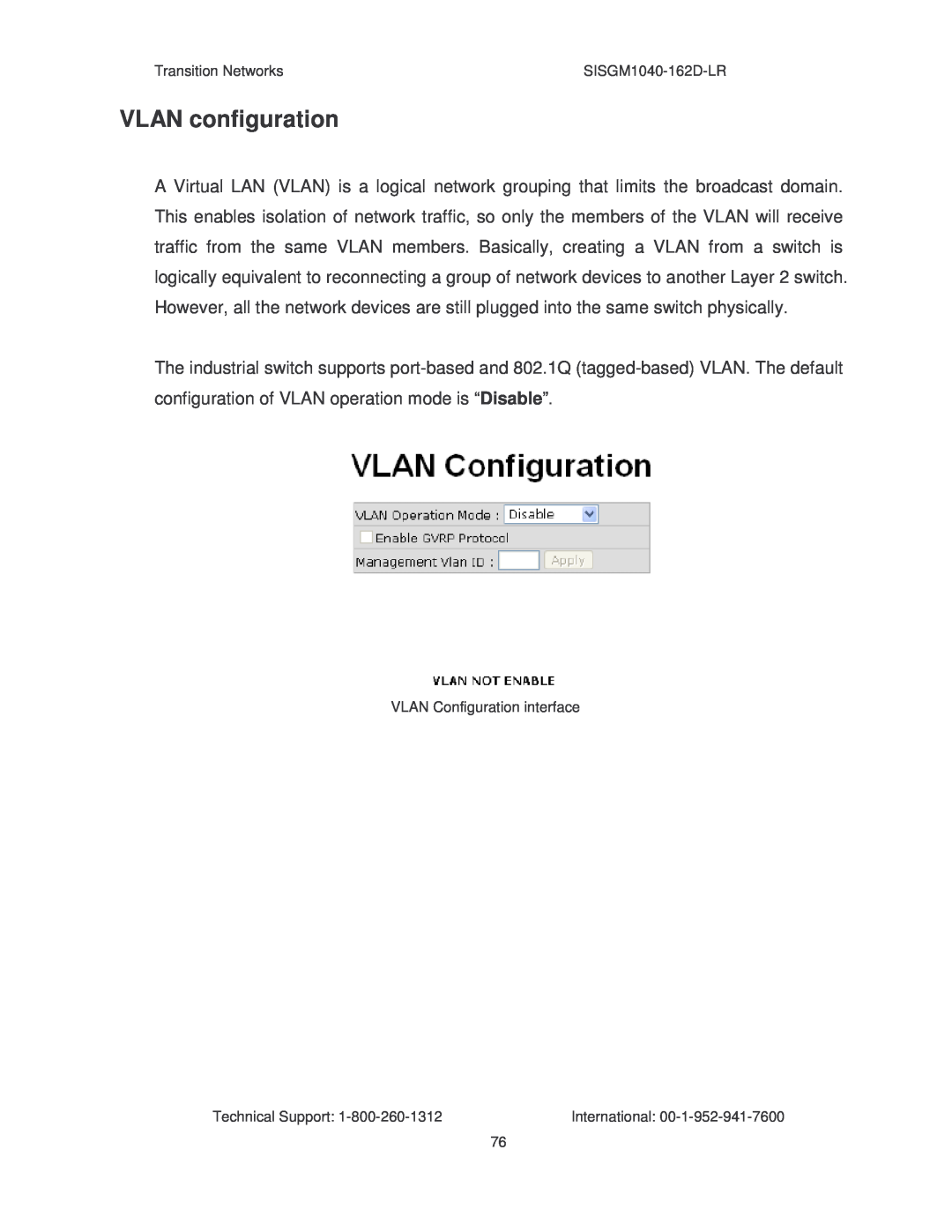 Transition Networks SISGM1040-162D manual VLAN configuration 