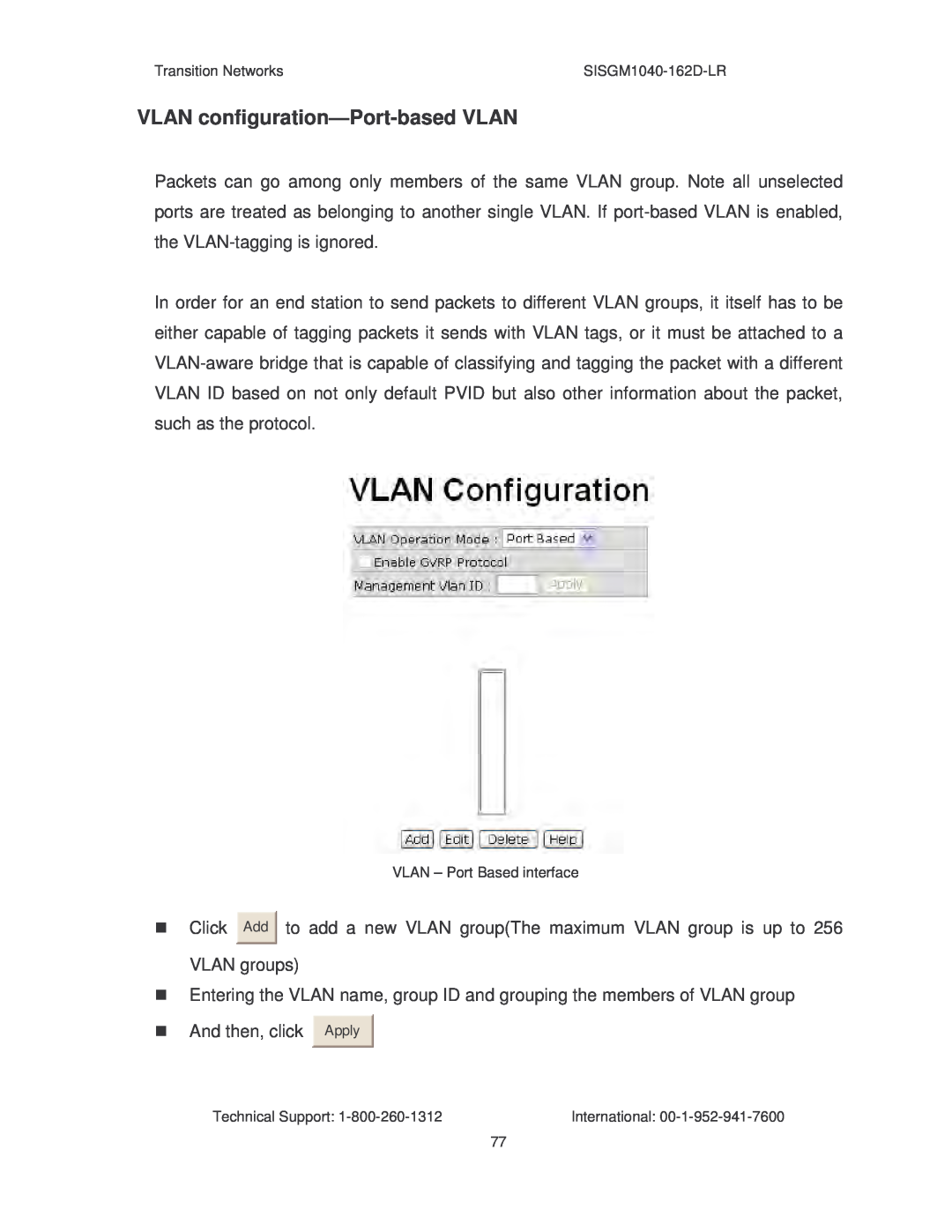 Transition Networks SISGM1040-162D manual VLAN configuration-Port-based VLAN 