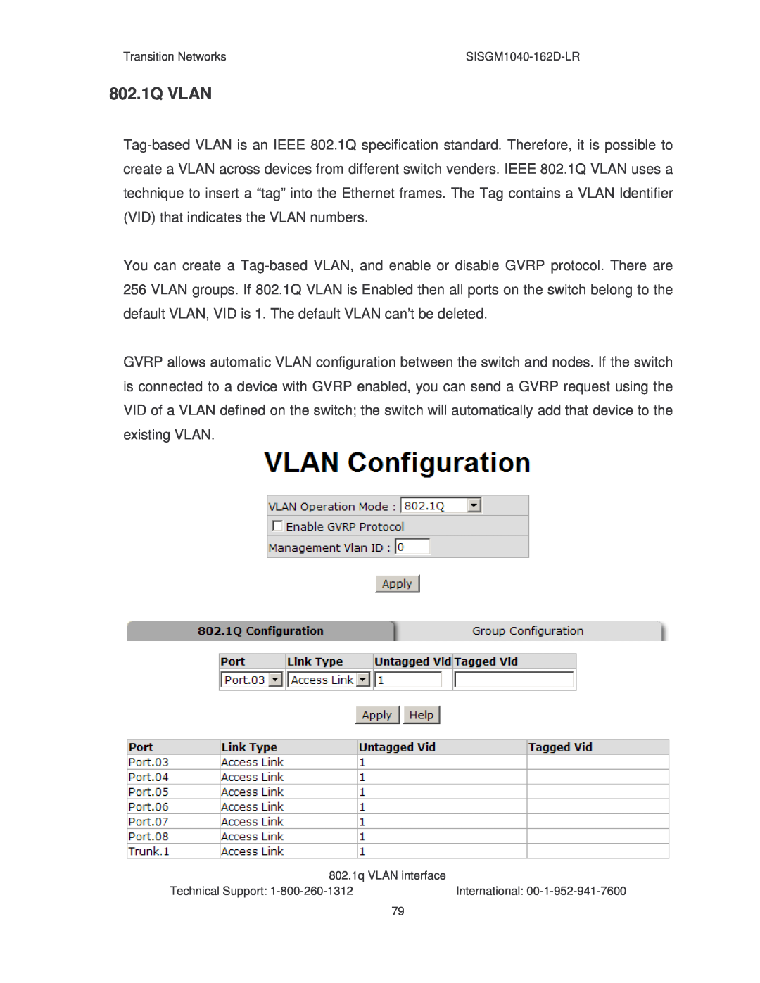 Transition Networks SISGM1040-162D manual 802.1Q VLAN 