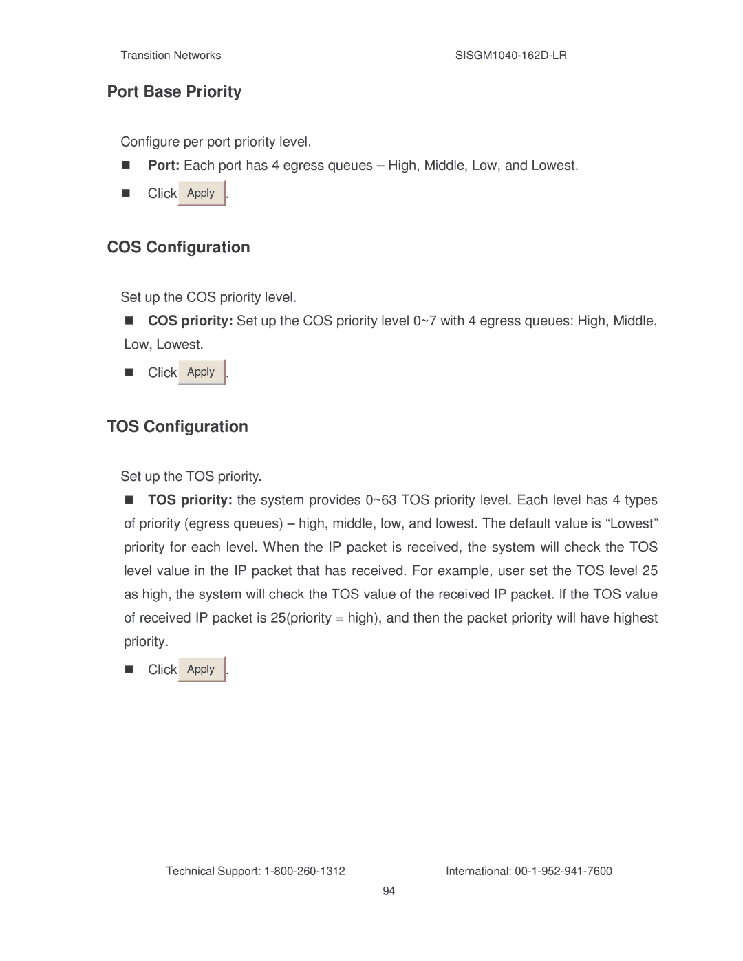 Transition Networks SISGM1040-162D manual Port Base Priority, COS Configuration, TOS Configuration 