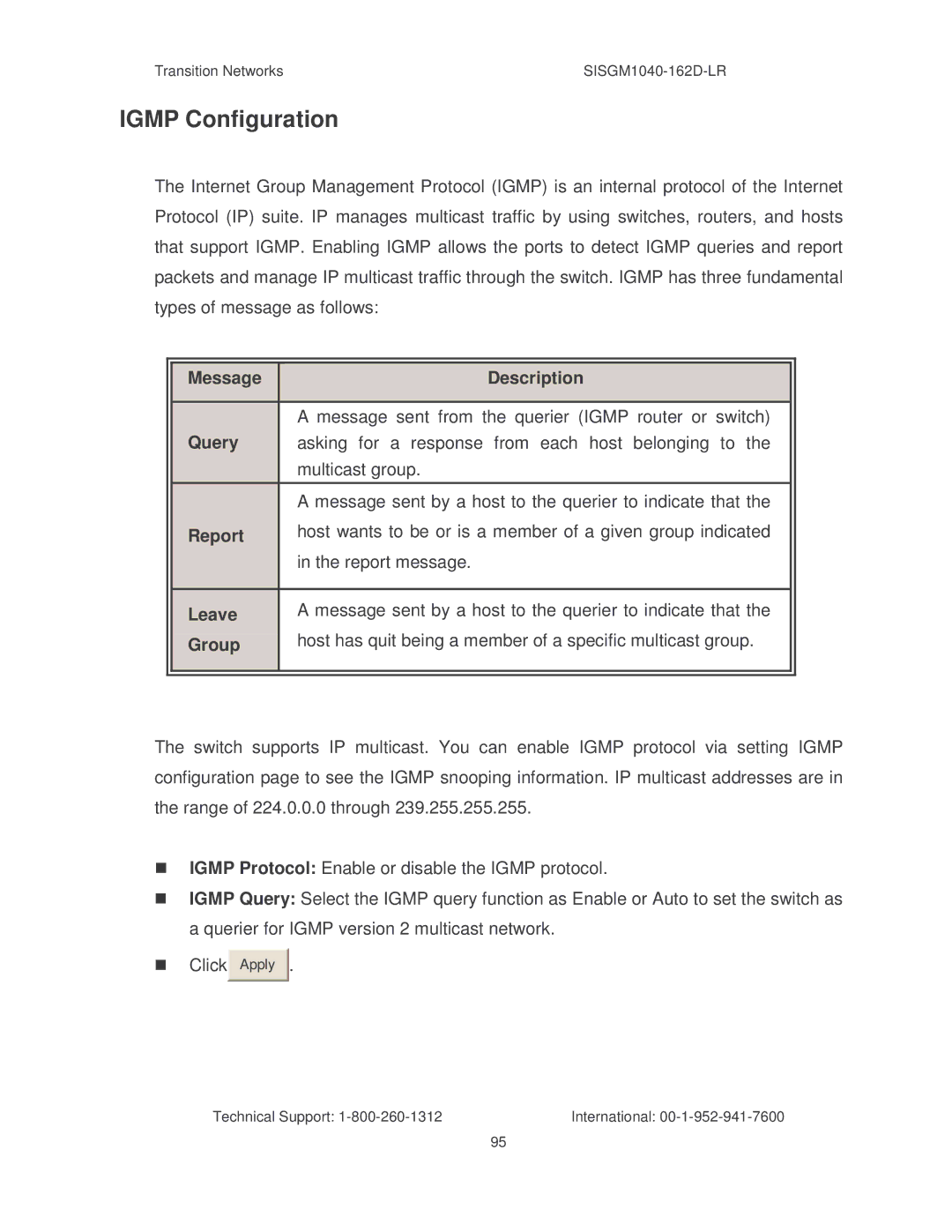 Transition Networks SISGM1040-162D manual Igmp Configuration 