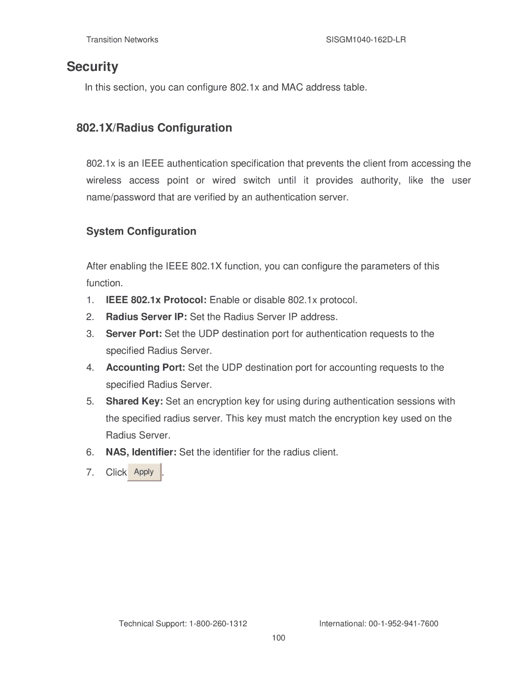 Transition Networks SISGM1040-162D manual Security, 802.1X/Radius Configuration 