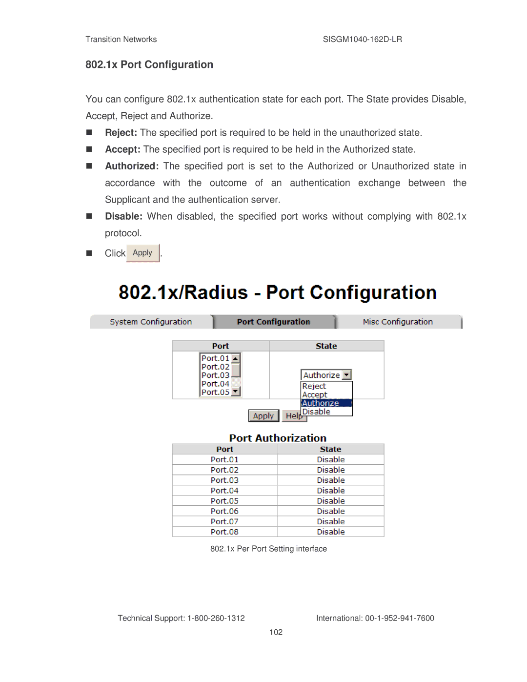 Transition Networks SISGM1040-162D manual 802.1x Port Configuration 