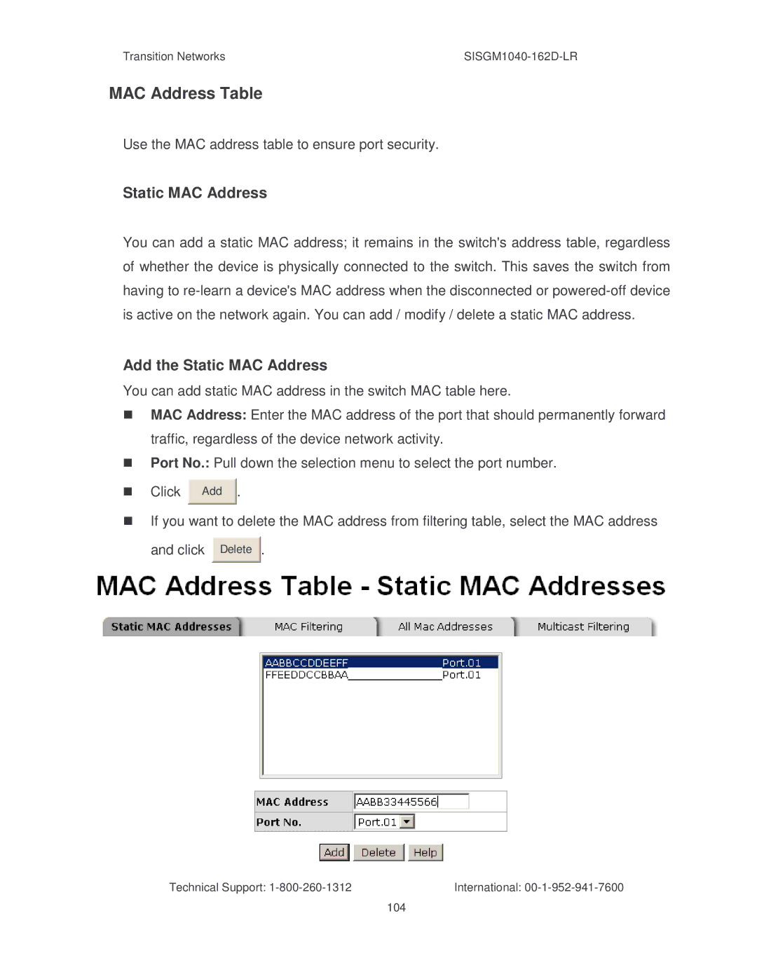 Transition Networks SISGM1040-162D manual MAC Address Table, Use the MAC address table to ensure port security 