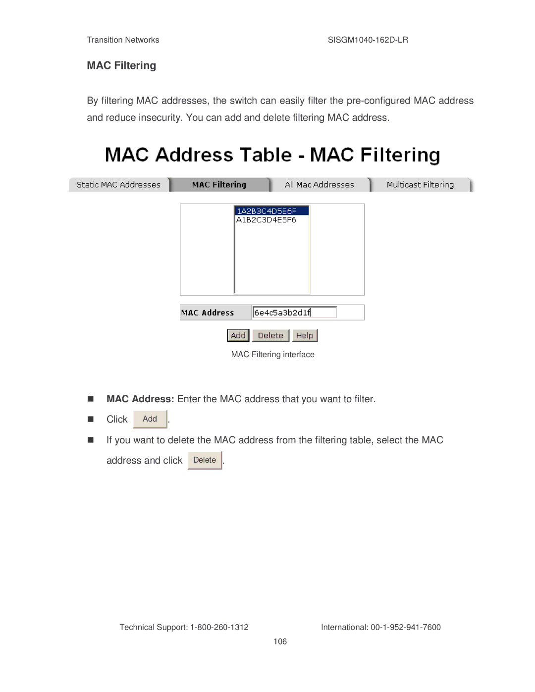 Transition Networks SISGM1040-162D manual MAC Filtering 