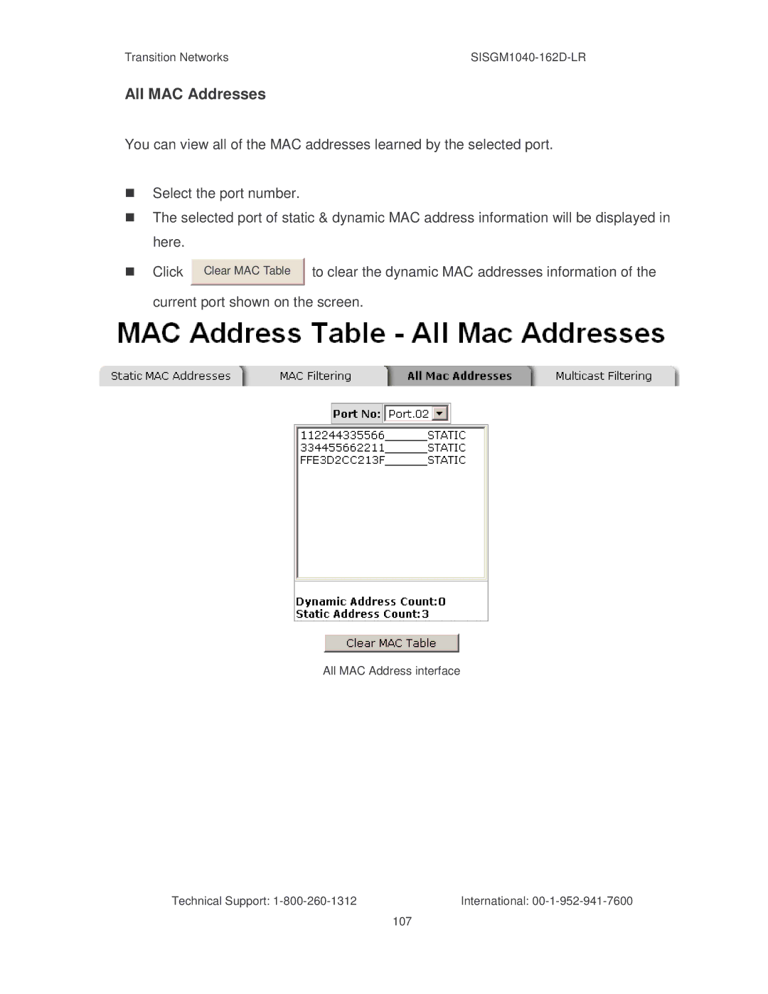 Transition Networks SISGM1040-162D manual All MAC Addresses 