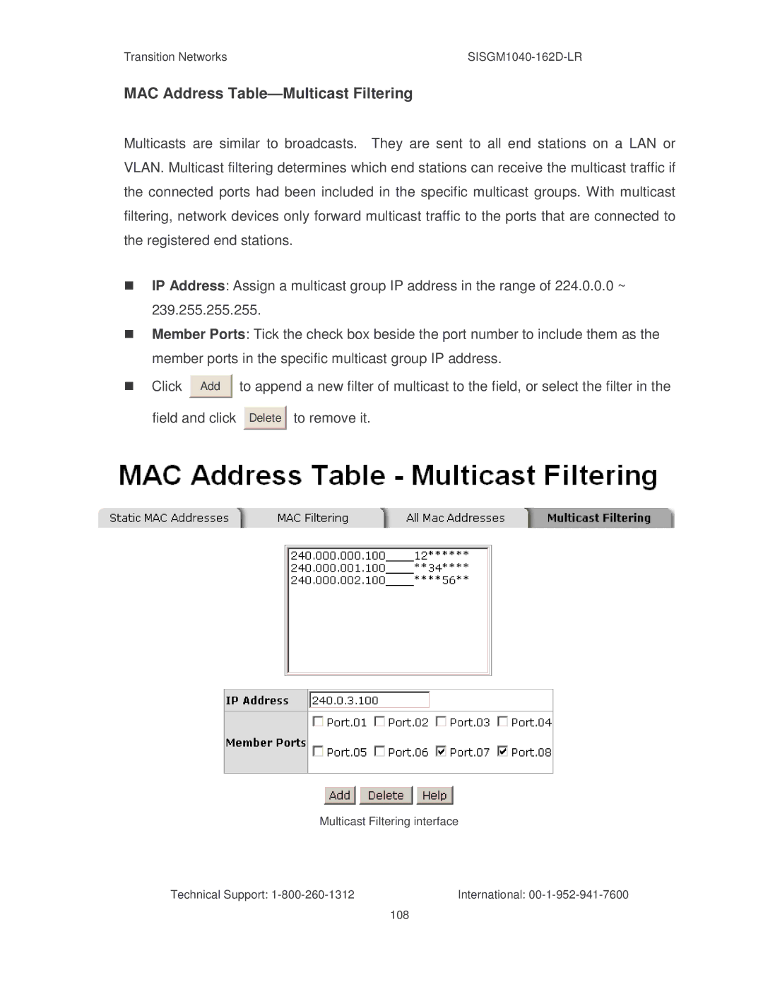 Transition Networks SISGM1040-162D manual MAC Address Table-Multicast Filtering 