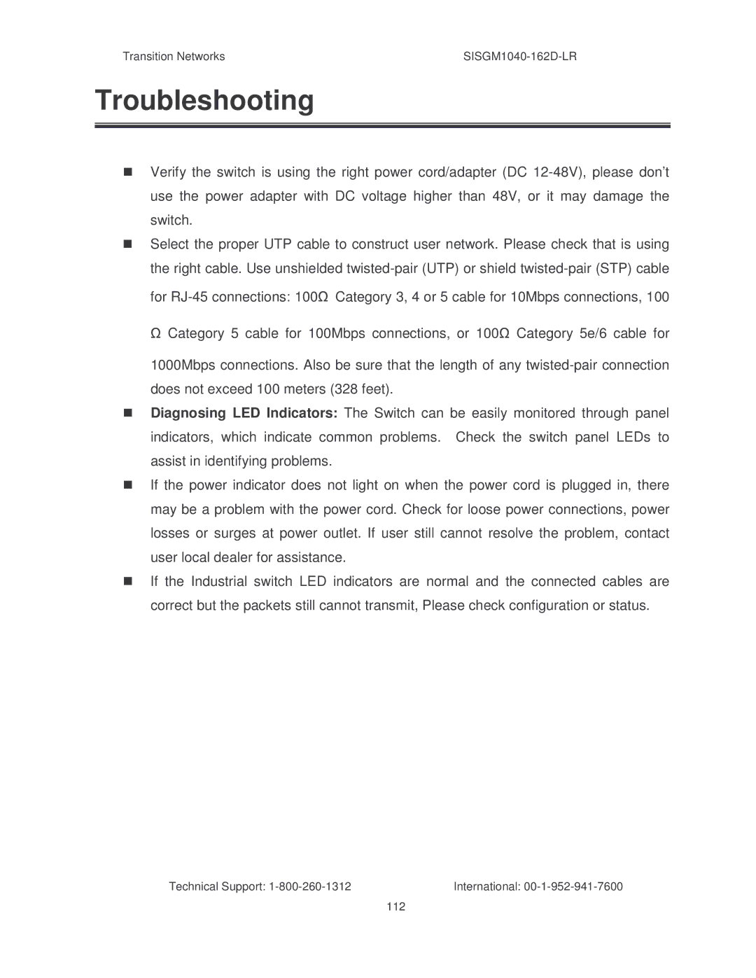 Transition Networks SISGM1040-162D manual Troubleshooting 