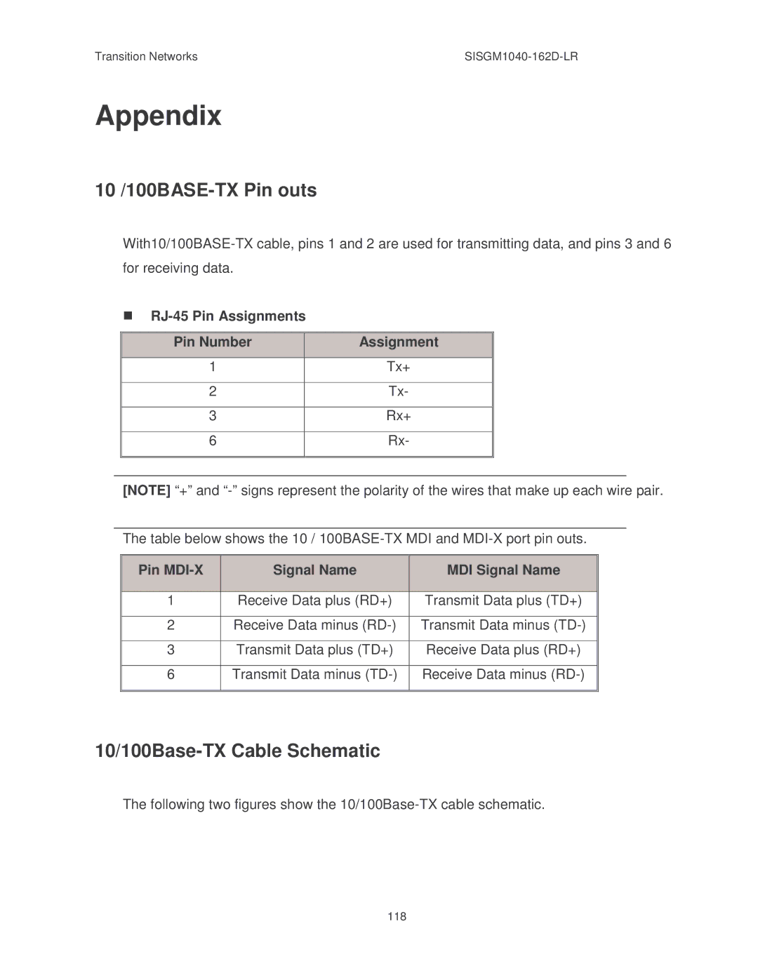 Transition Networks SISGM1040-162D manual 10 /100BASE-TX Pin outs, 10/100Base-TX Cable Schematic 