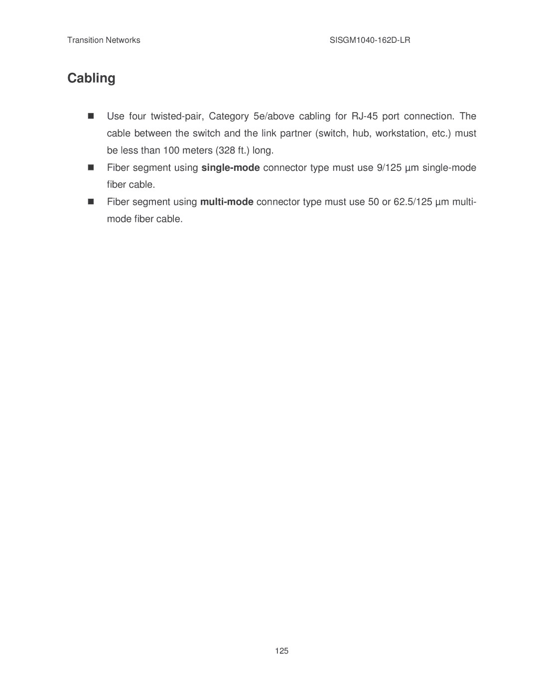 Transition Networks SISGM1040-162D manual Cabling 