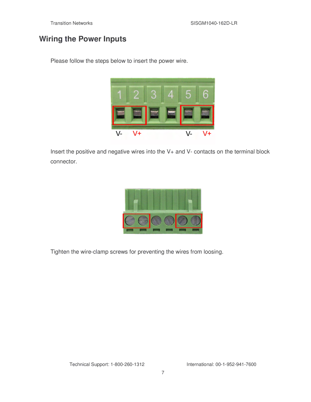 Transition Networks SISGM1040-162D manual Wiring the Power Inputs 