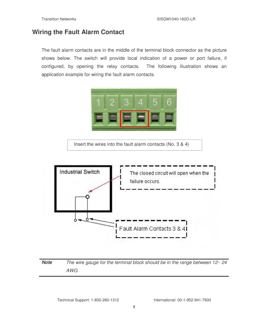 Transition Networks SISGM1040-162D manual Wiring the Fault Alarm Contact 