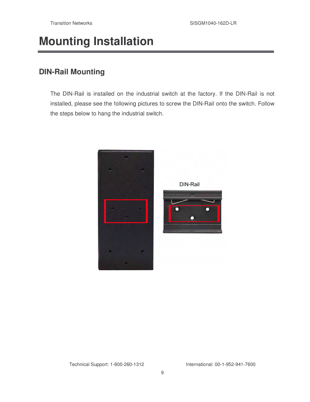 Transition Networks SISGM1040-162D manual Mounting Installation, DIN-Rail Mounting 