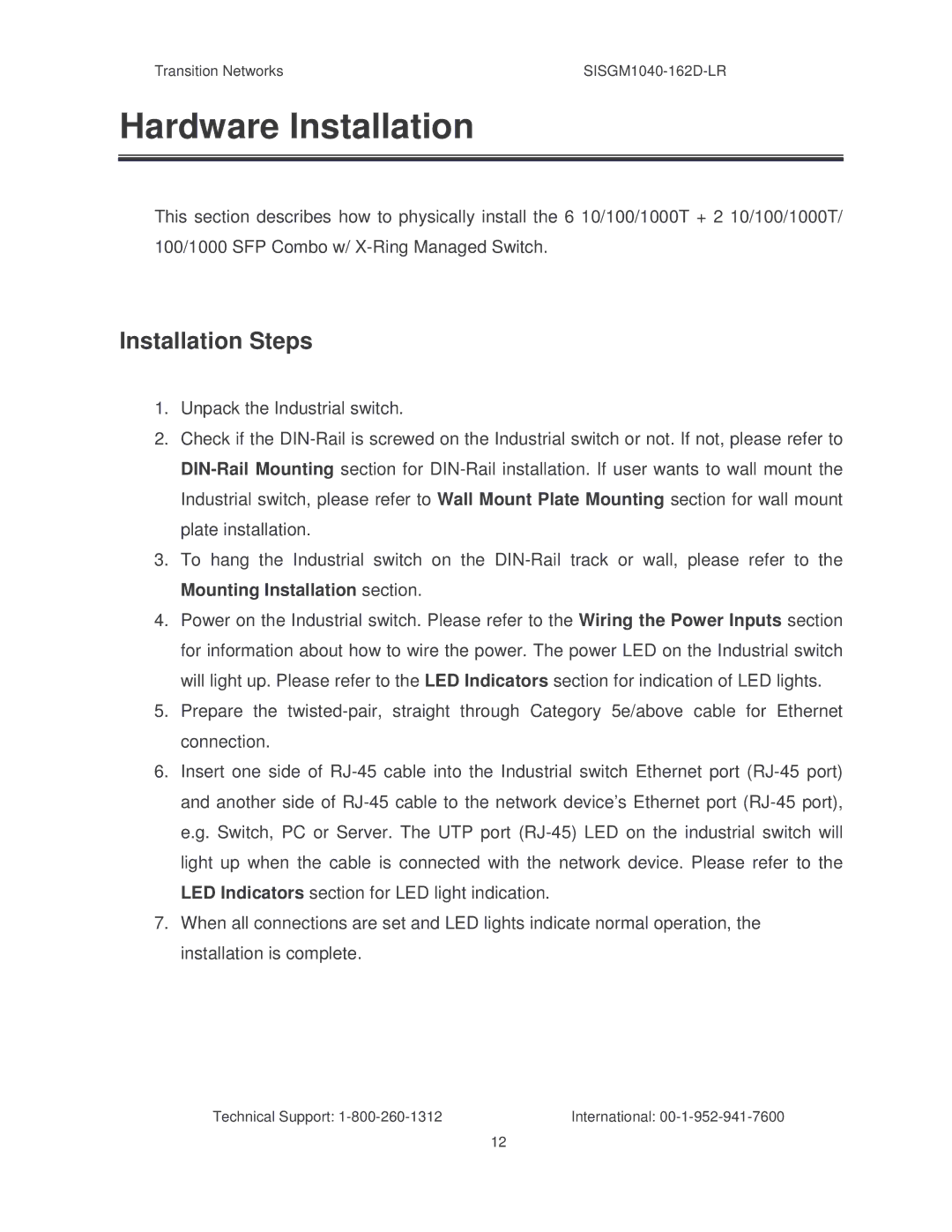 Transition Networks SISGM1040-162D manual Hardware Installation, Installation Steps 