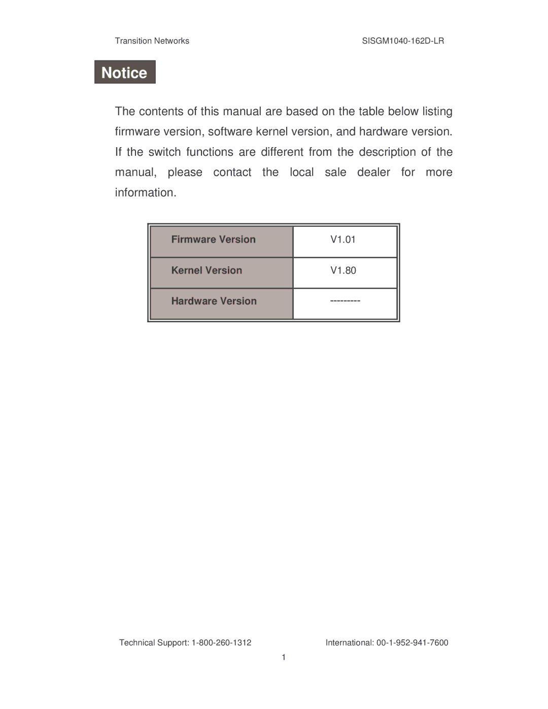 Transition Networks SISGM1040-162D manual Firmware Version V1.01 Kernel Version V1.80 Hardware Version 