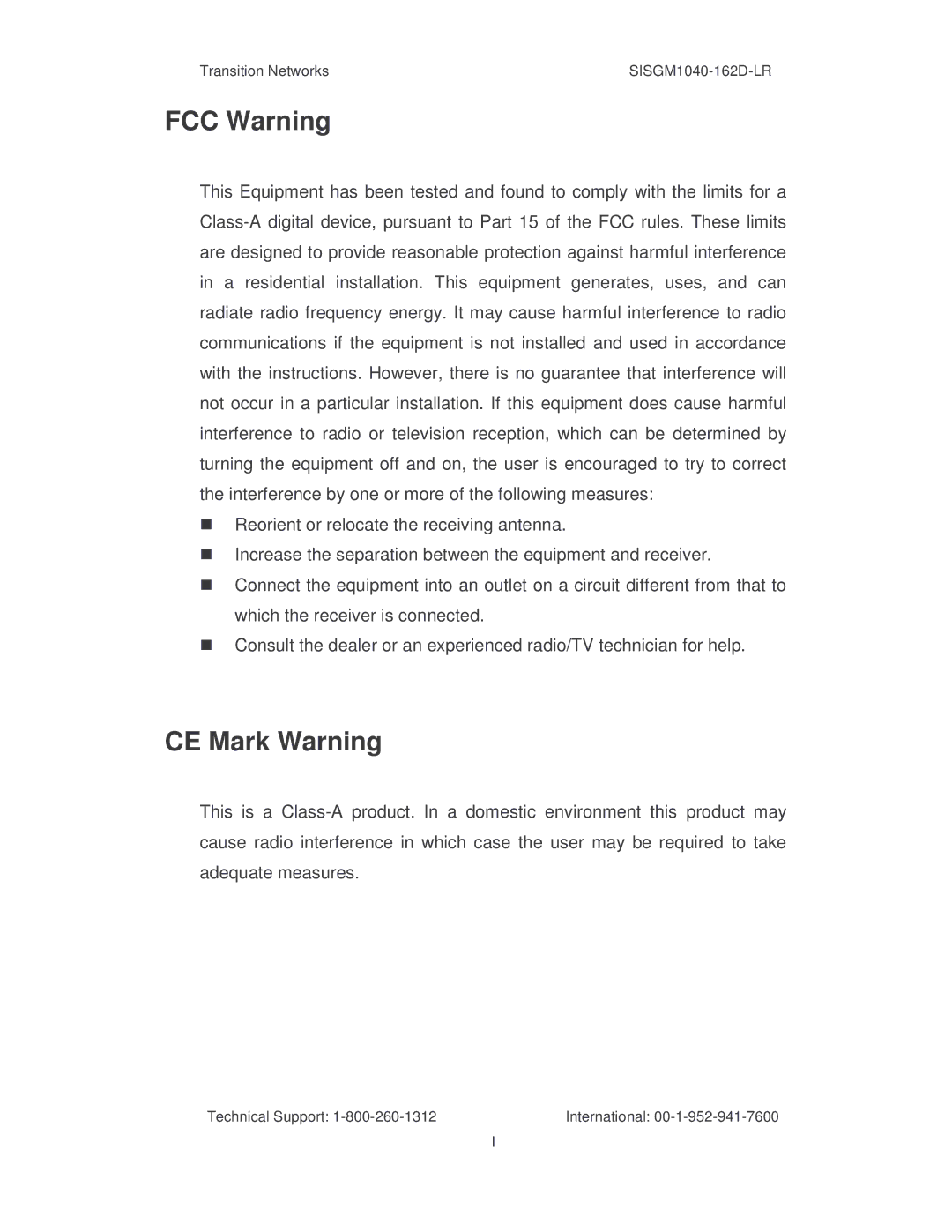 Transition Networks SISGM1040-162D manual FCC Warning 