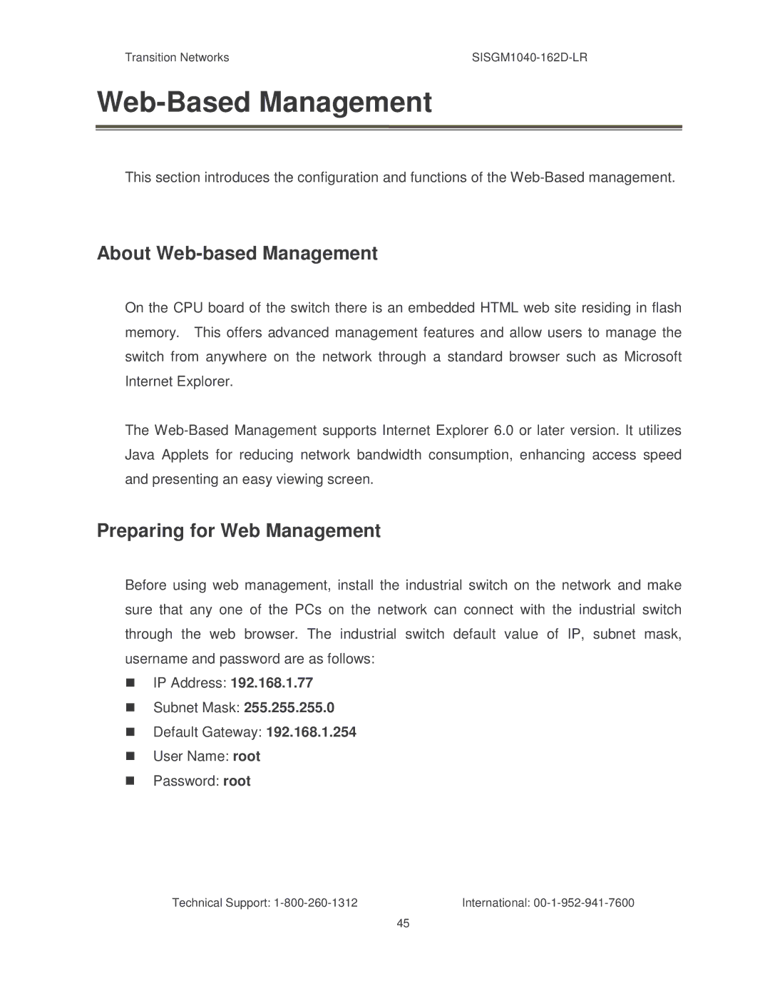 Transition Networks SISGM1040-162D manual Web-Based Management, About Web-based Management 