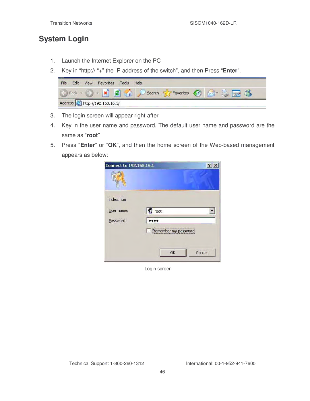 Transition Networks SISGM1040-162D manual System Login 