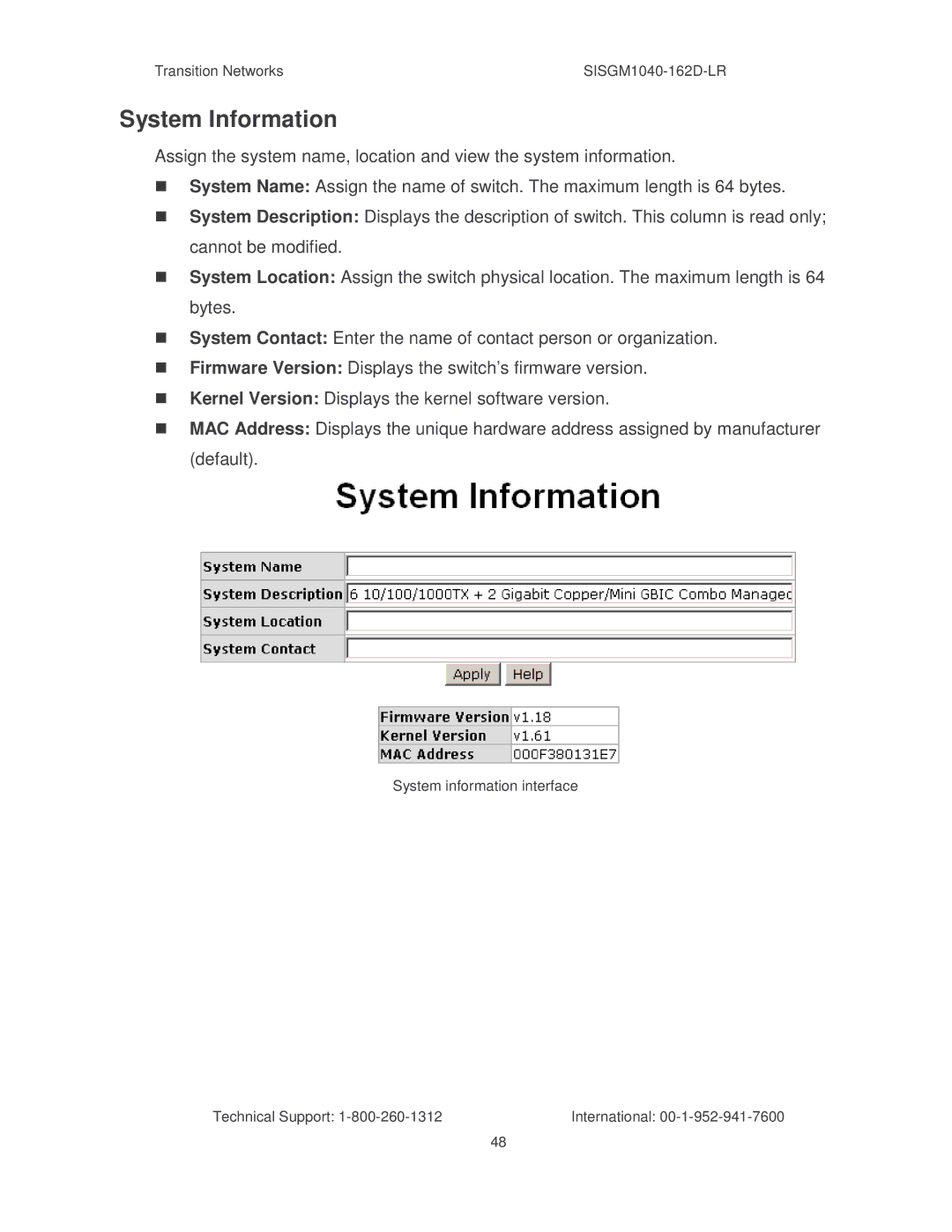 Transition Networks SISGM1040-162D manual System Information 