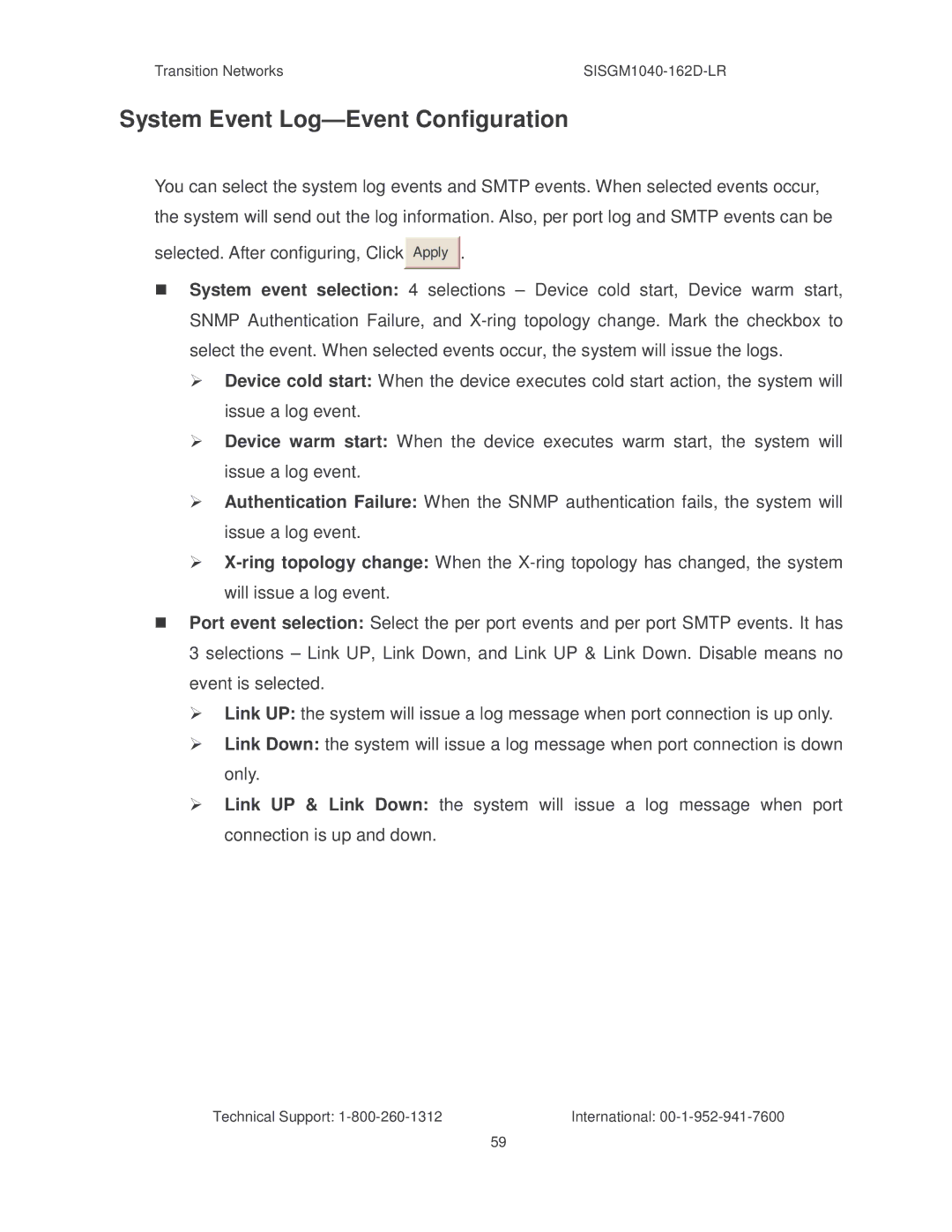 Transition Networks SISGM1040-162D manual System Event Log-Event Configuration 