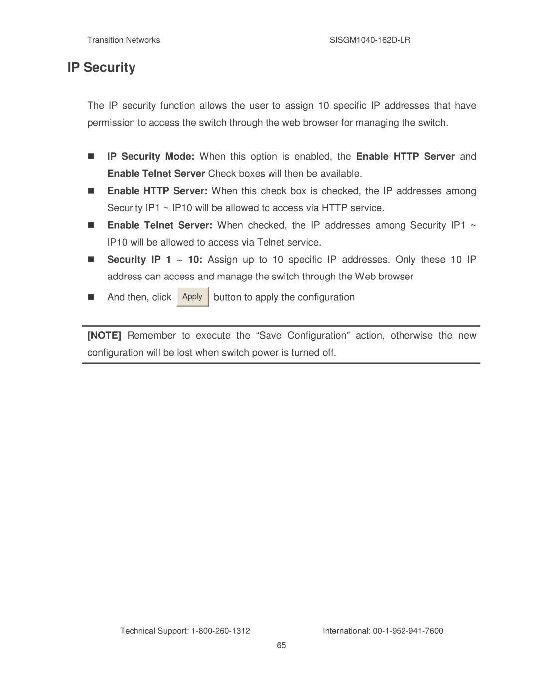 Transition Networks SISGM1040-162D manual IP Security, Button to apply the configuration 