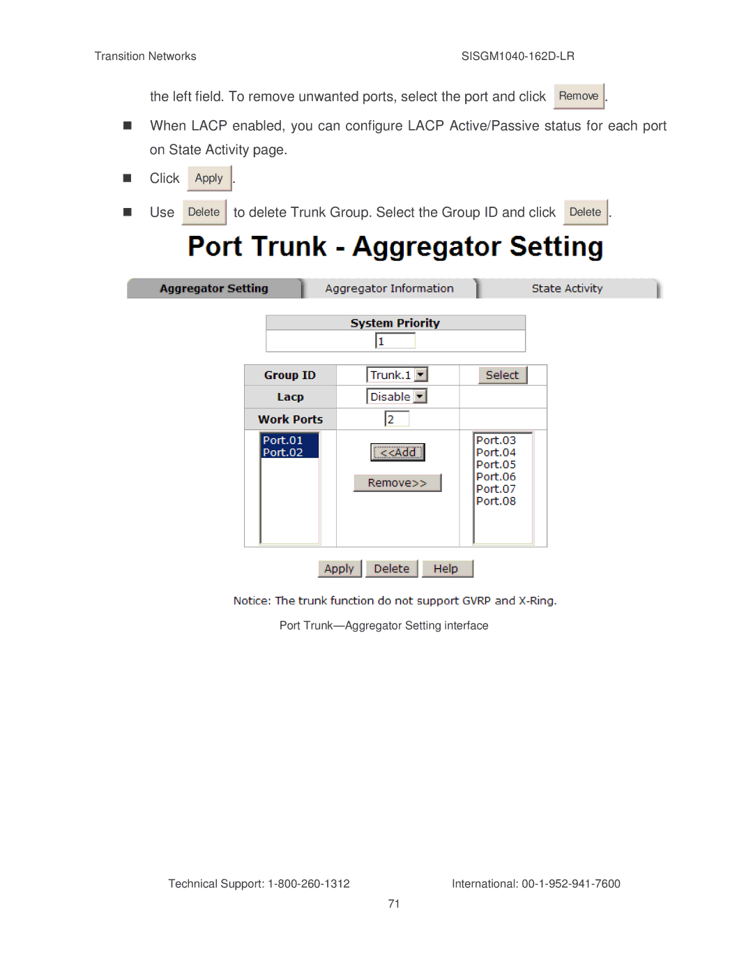 Transition Networks SISGM1040-162D manual To delete Trunk Group. Select the Group ID and click 