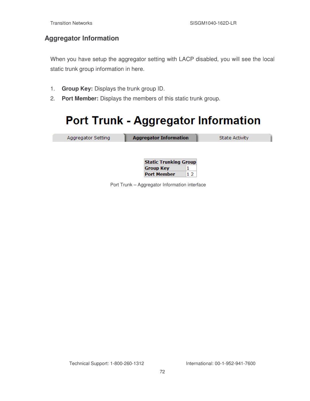 Transition Networks SISGM1040-162D manual Aggregator Information 