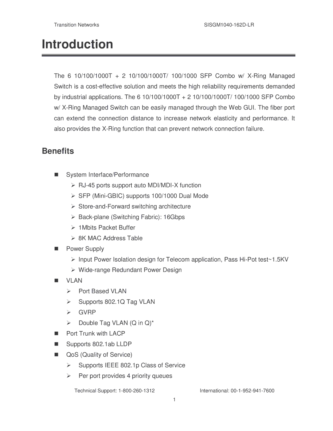 Transition Networks SISGM1040-162D manual Benefits, Port Based Vlan Supports 802.1Q Tag Vlan, Gvrp 