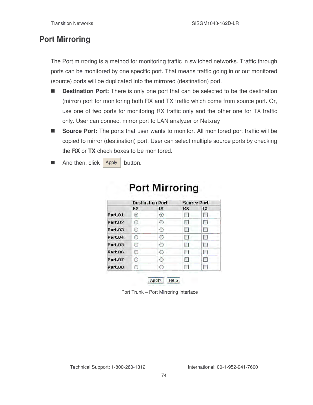 Transition Networks SISGM1040-162D manual Port Mirroring, Button 