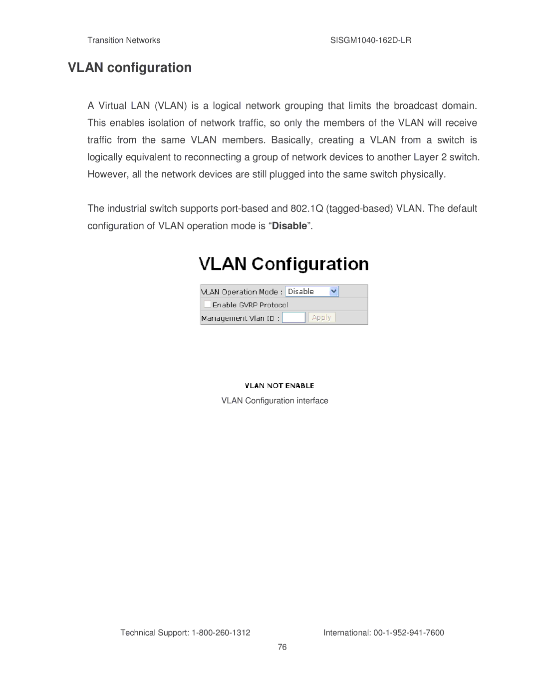 Transition Networks SISGM1040-162D manual Vlan configuration 