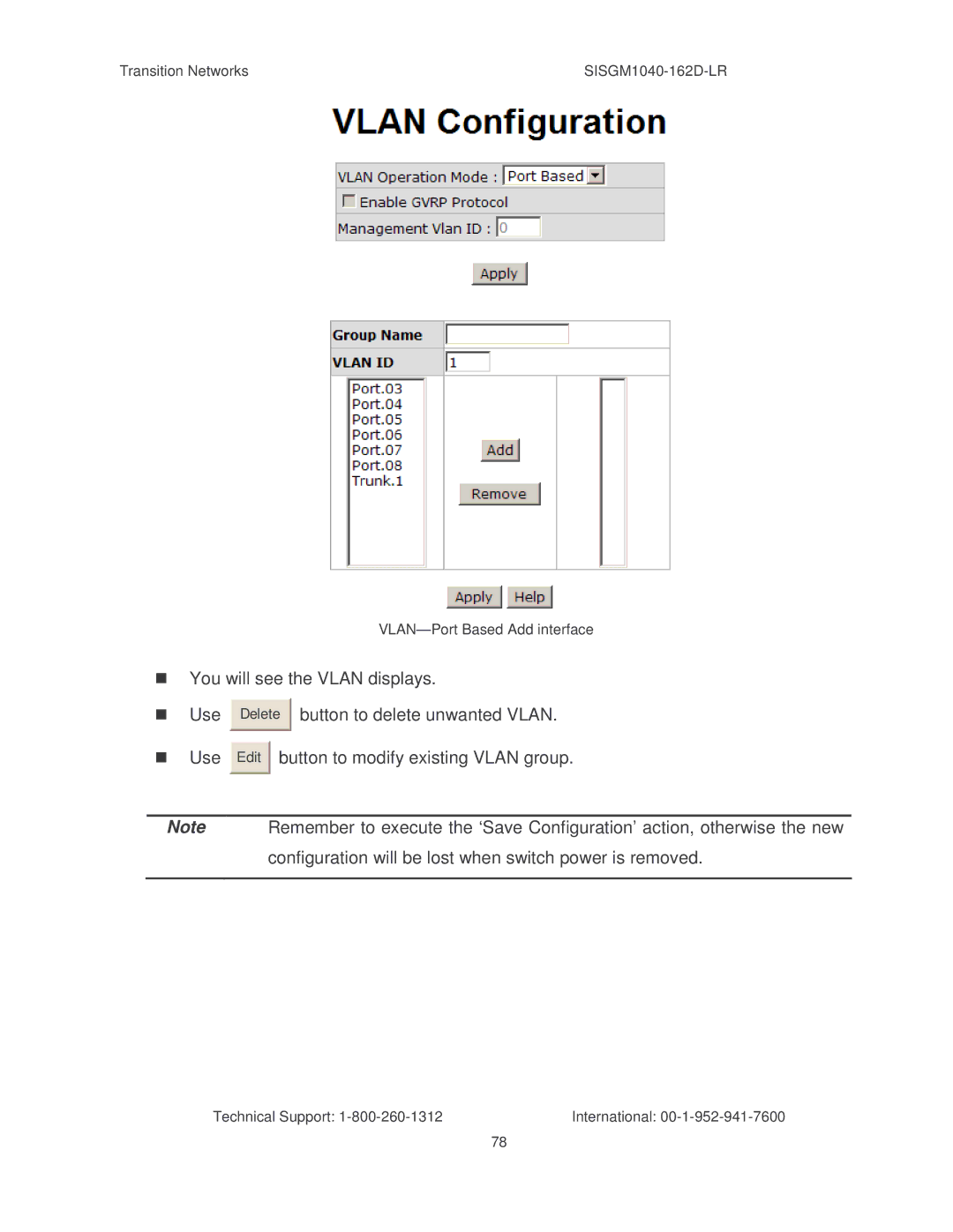 Transition Networks SISGM1040-162D manual Button to modify existing Vlan group 