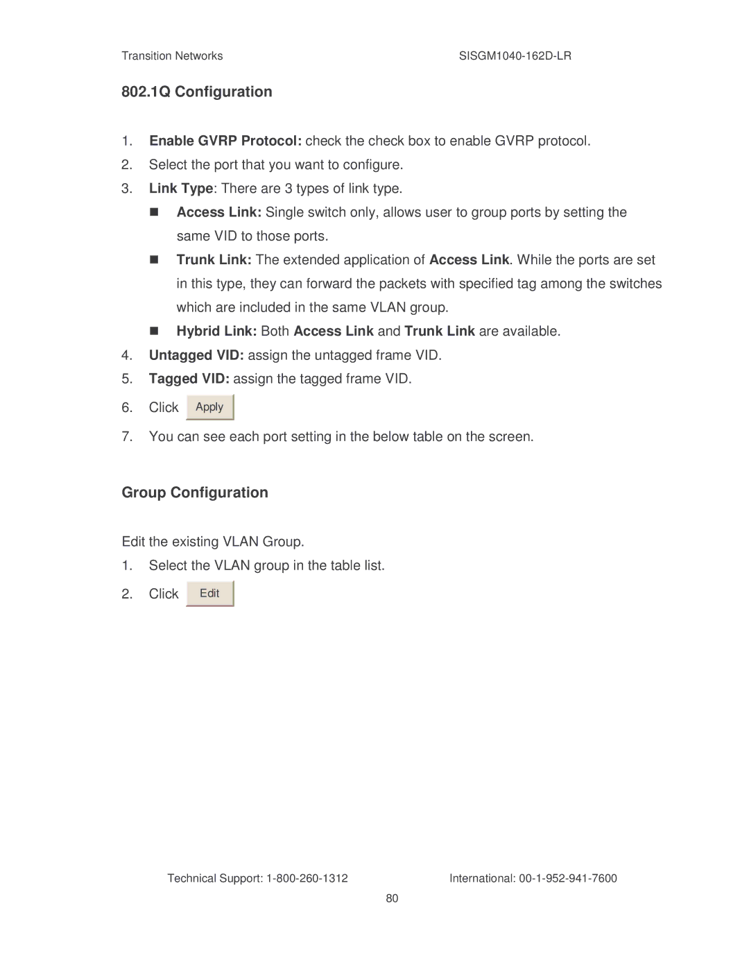 Transition Networks SISGM1040-162D manual 802.1Q Configuration 