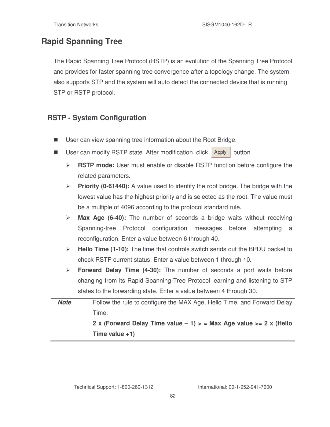 Transition Networks SISGM1040-162D manual Rapid Spanning Tree, Rstp System Configuration 