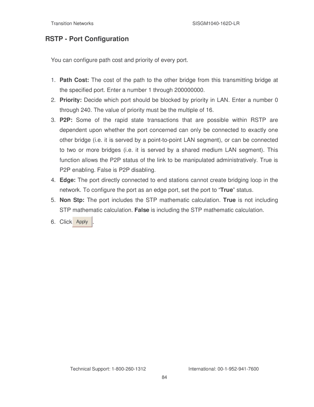 Transition Networks SISGM1040-162D manual Rstp Port Configuration 