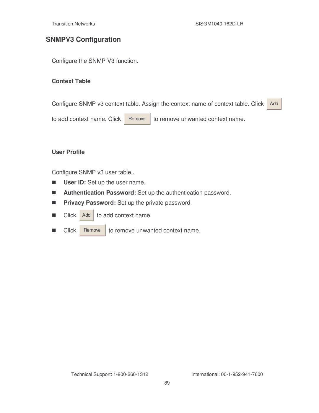 Transition Networks SISGM1040-162D manual SNMPV3 Configuration, To add context name. Click, To remove unwanted context name 