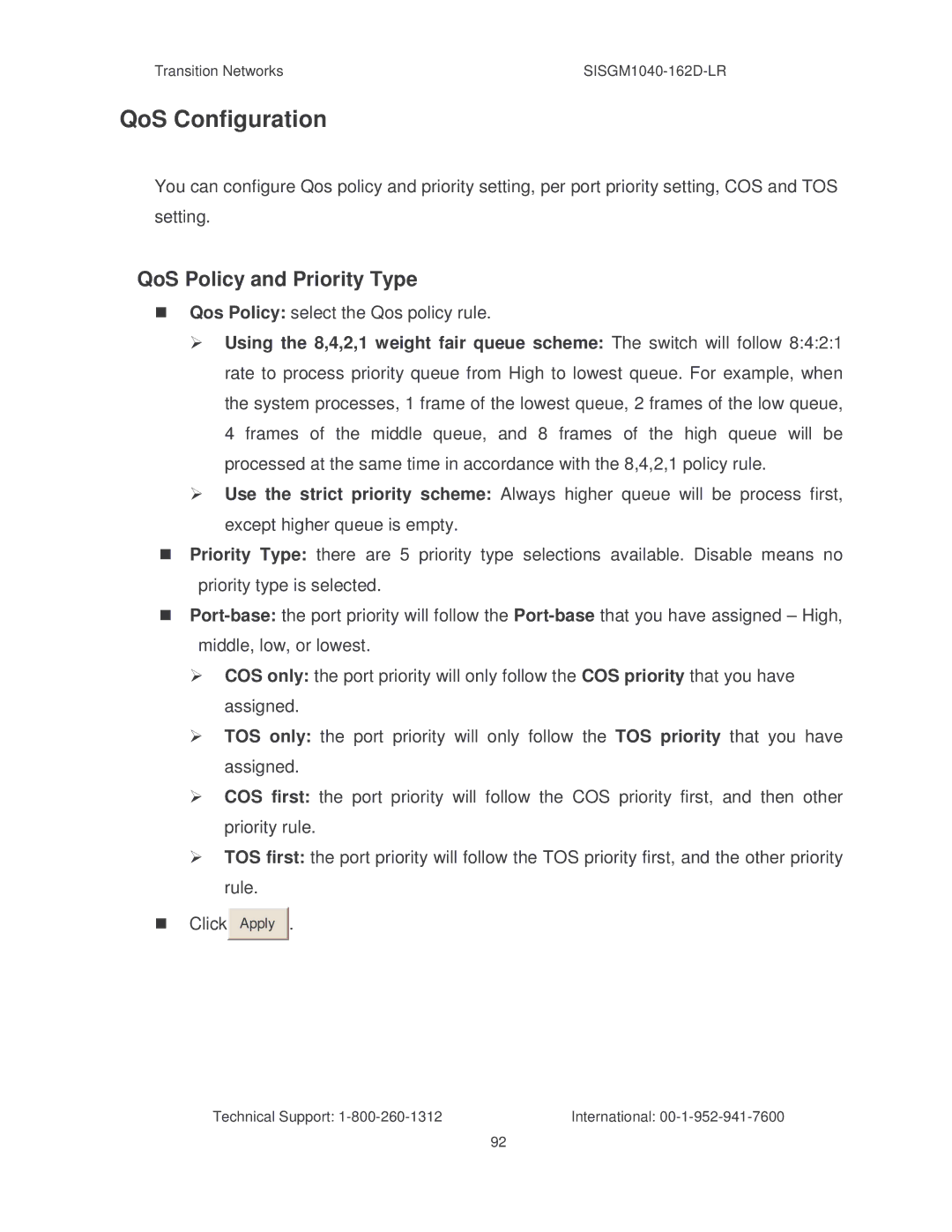 Transition Networks SISGM1040-162D manual QoS Configuration, QoS Policy and Priority Type 