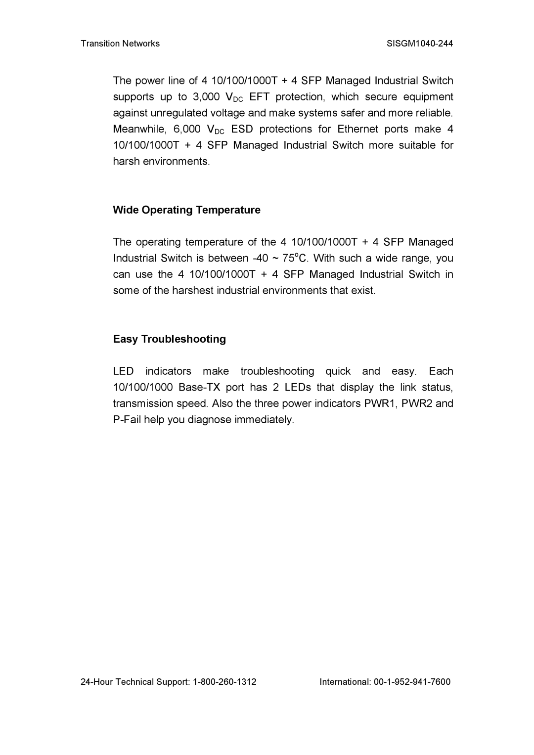 Transition Networks SISGM1040-244 user manual Wide Operating Temperature, Easy Troubleshooting 