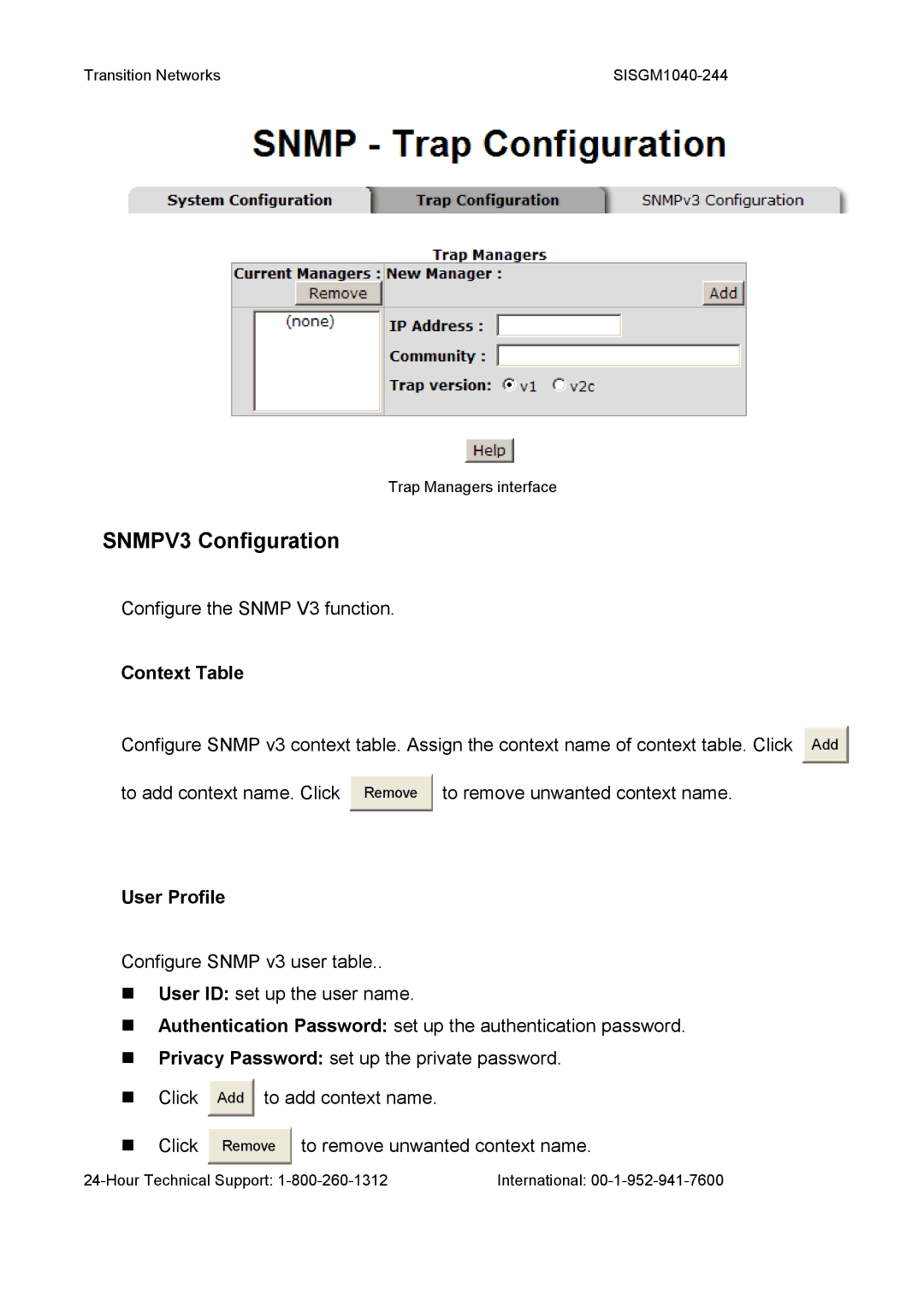 Transition Networks SISGM1040-244 user manual SNMPV3 Configuration, Context Table, User Profile 