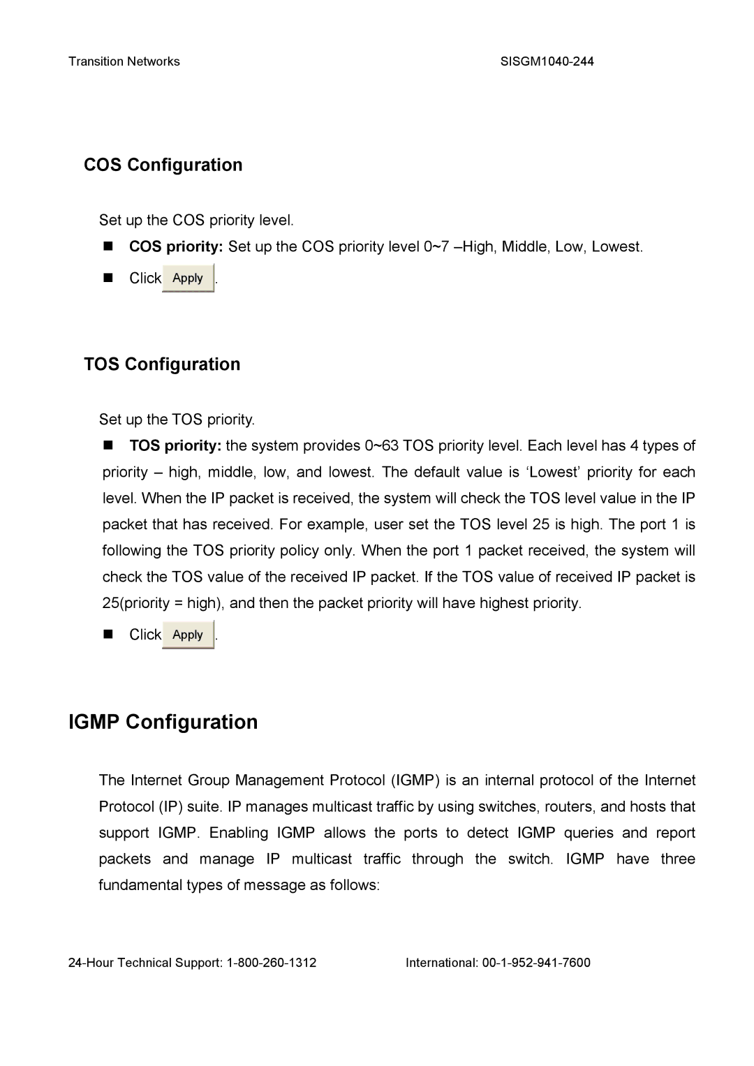 Transition Networks SISGM1040-244 user manual Igmp Configuration, COS Configuration, TOS Configuration 