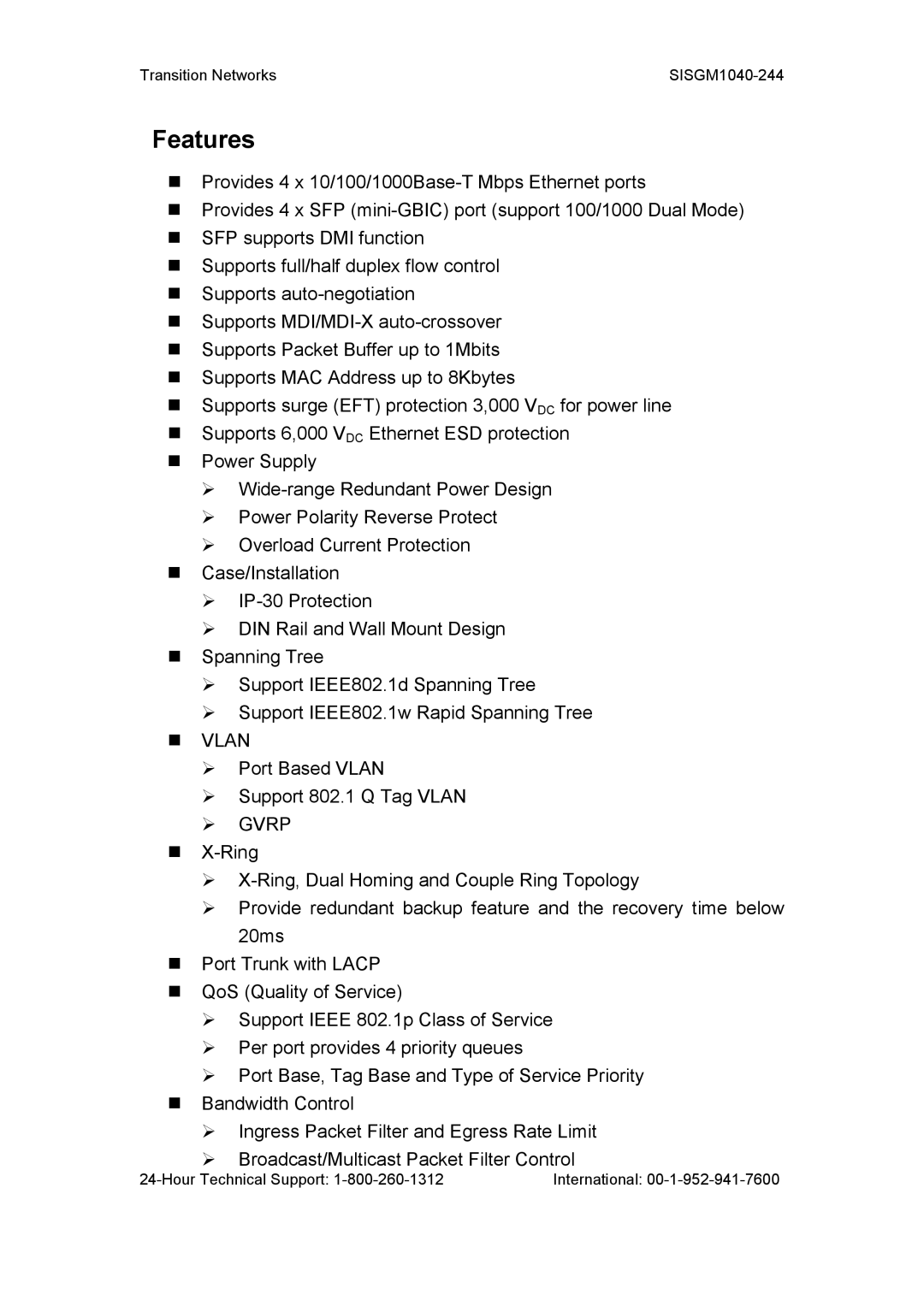 Transition Networks SISGM1040-244 user manual Features, Gvrp 