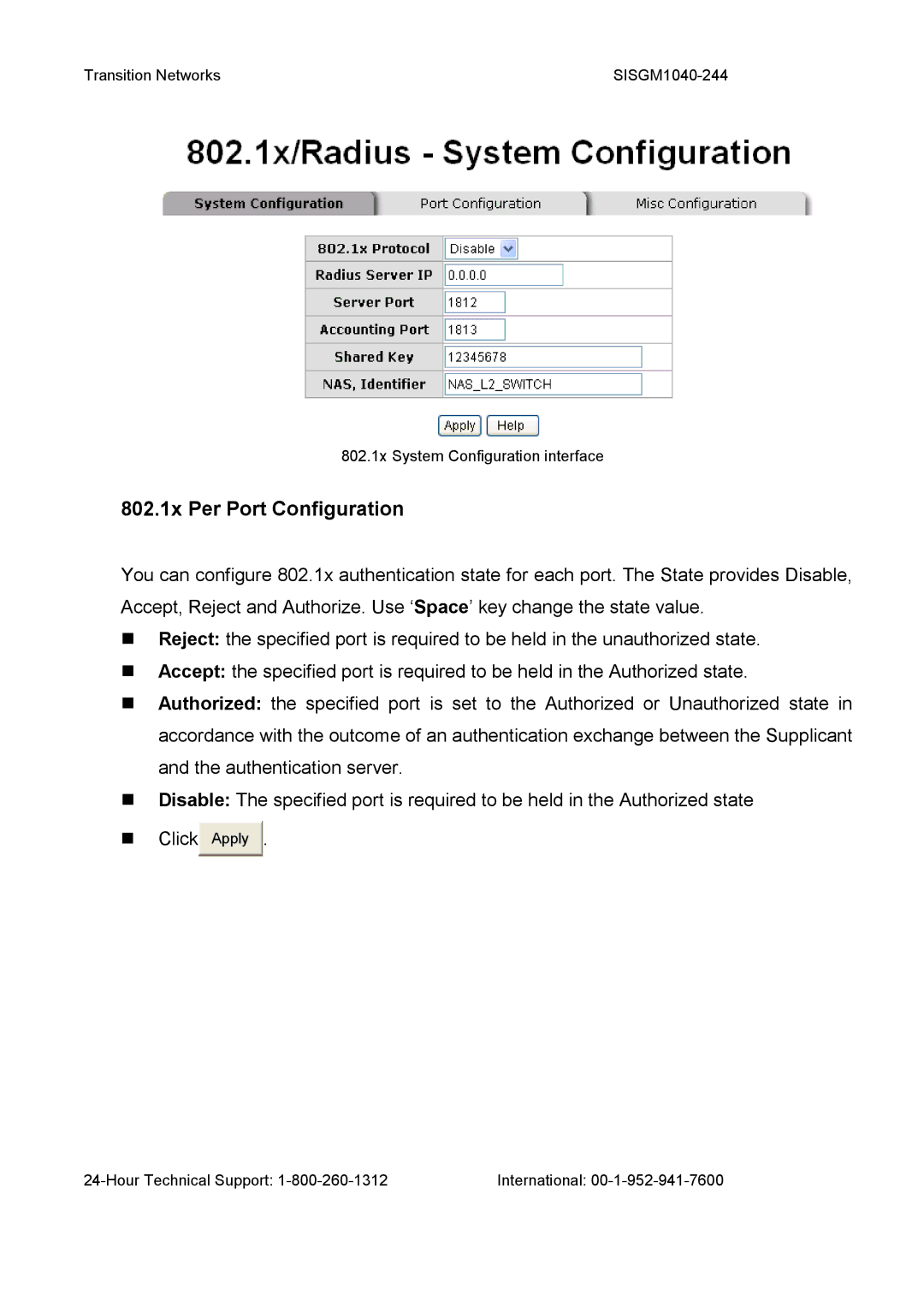 Transition Networks SISGM1040-244 user manual 802.1x Per Port Configuration 