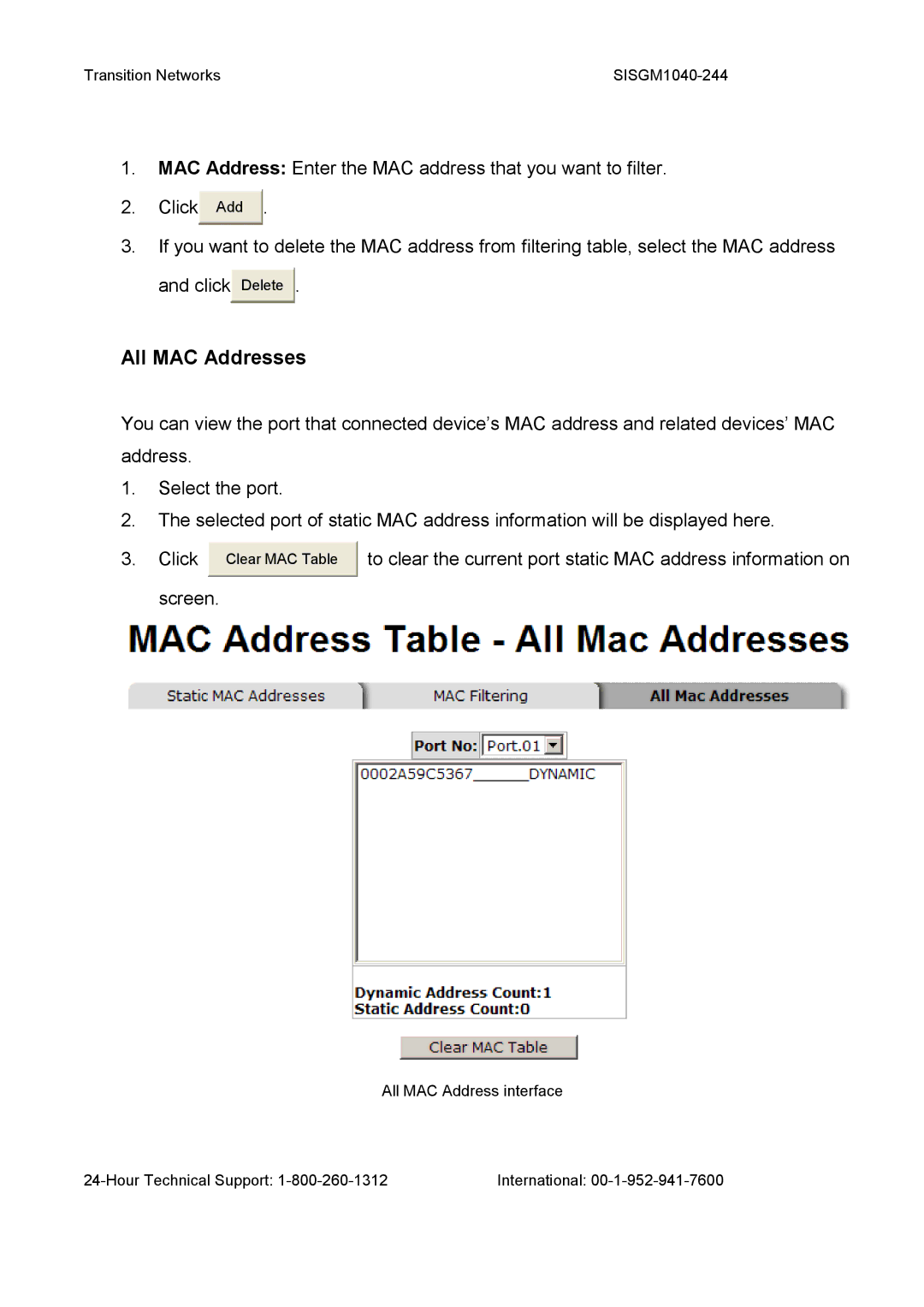 Transition Networks SISGM1040-244 user manual All MAC Addresses 