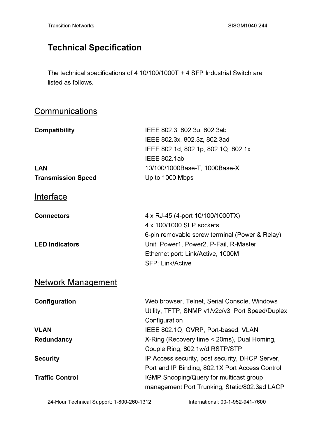 Transition Networks SISGM1040-244 user manual Technical Specification 