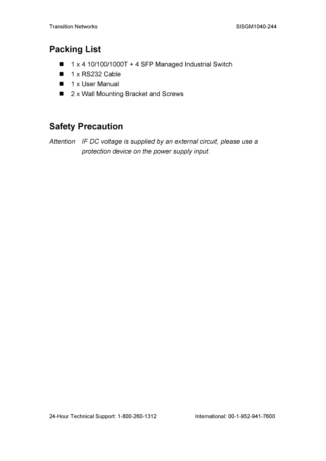 Transition Networks SISGM1040-244 user manual Packing List, Safety Precaution 