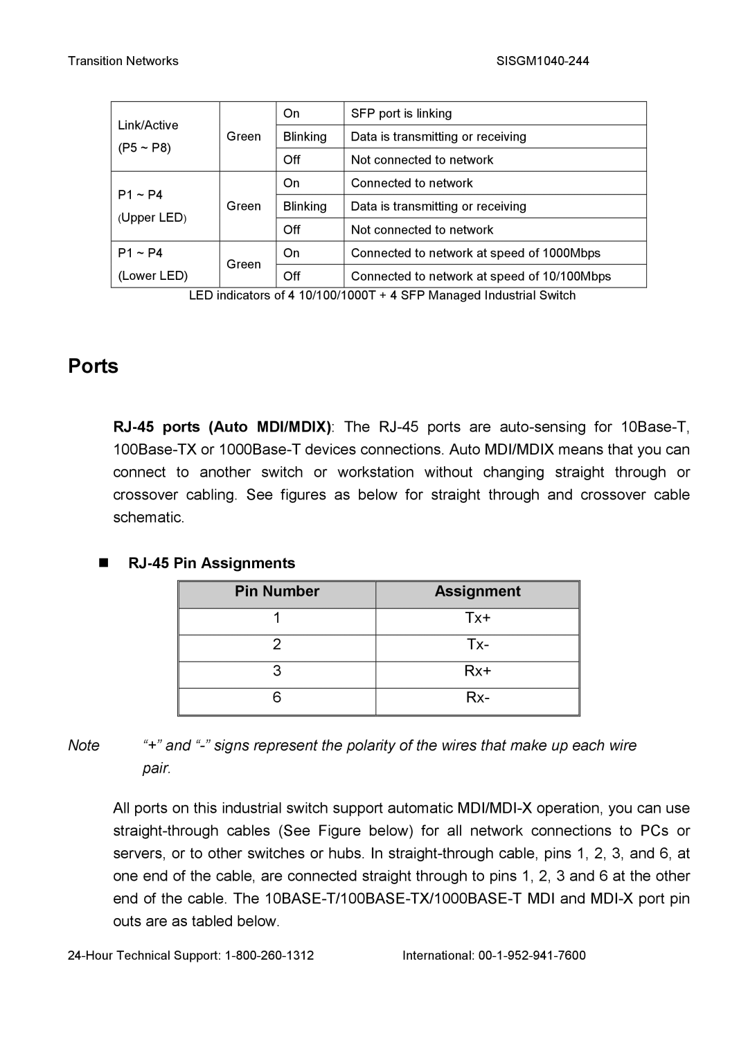 Transition Networks SISGM1040-244 user manual Ports, RJ-45 Pin Assignments Pin Number 