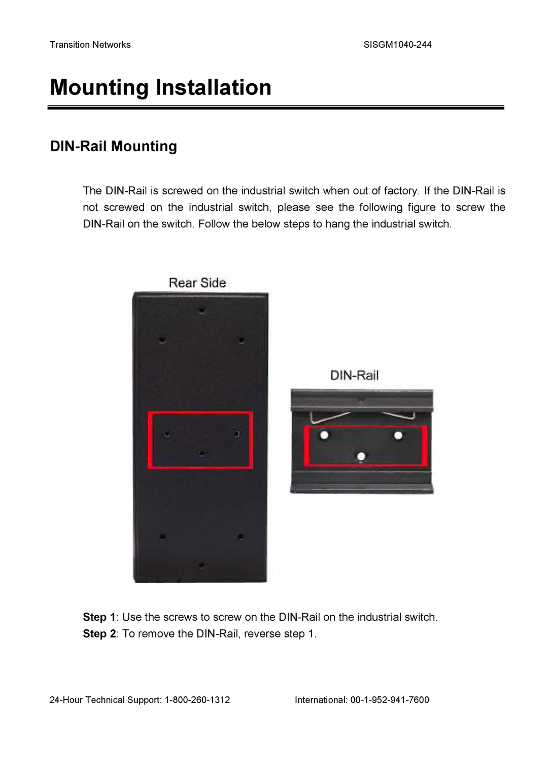 Transition Networks SISGM1040-244 user manual Mounting Installation, DIN-Rail Mounting 