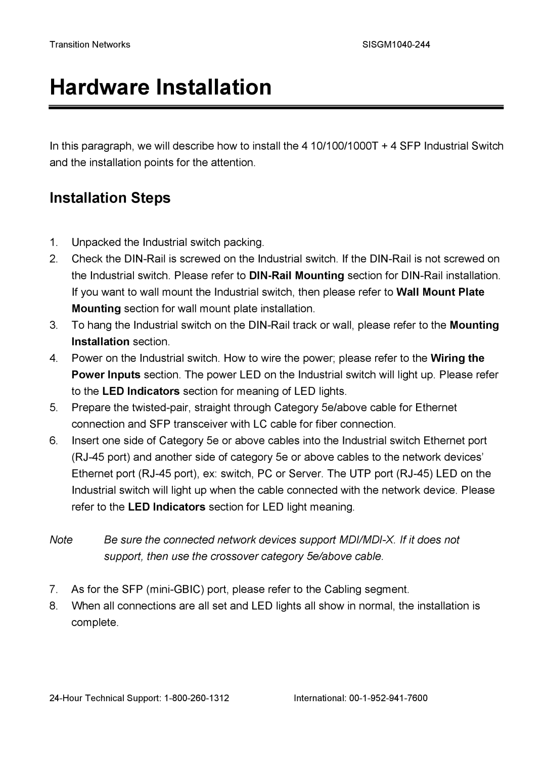 Transition Networks SISGM1040-244 user manual Hardware Installation, Installation Steps 