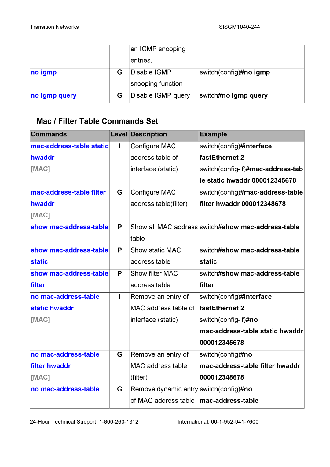 Transition Networks SISGM1040-244 user manual Mac / Filter Table Commands Set 