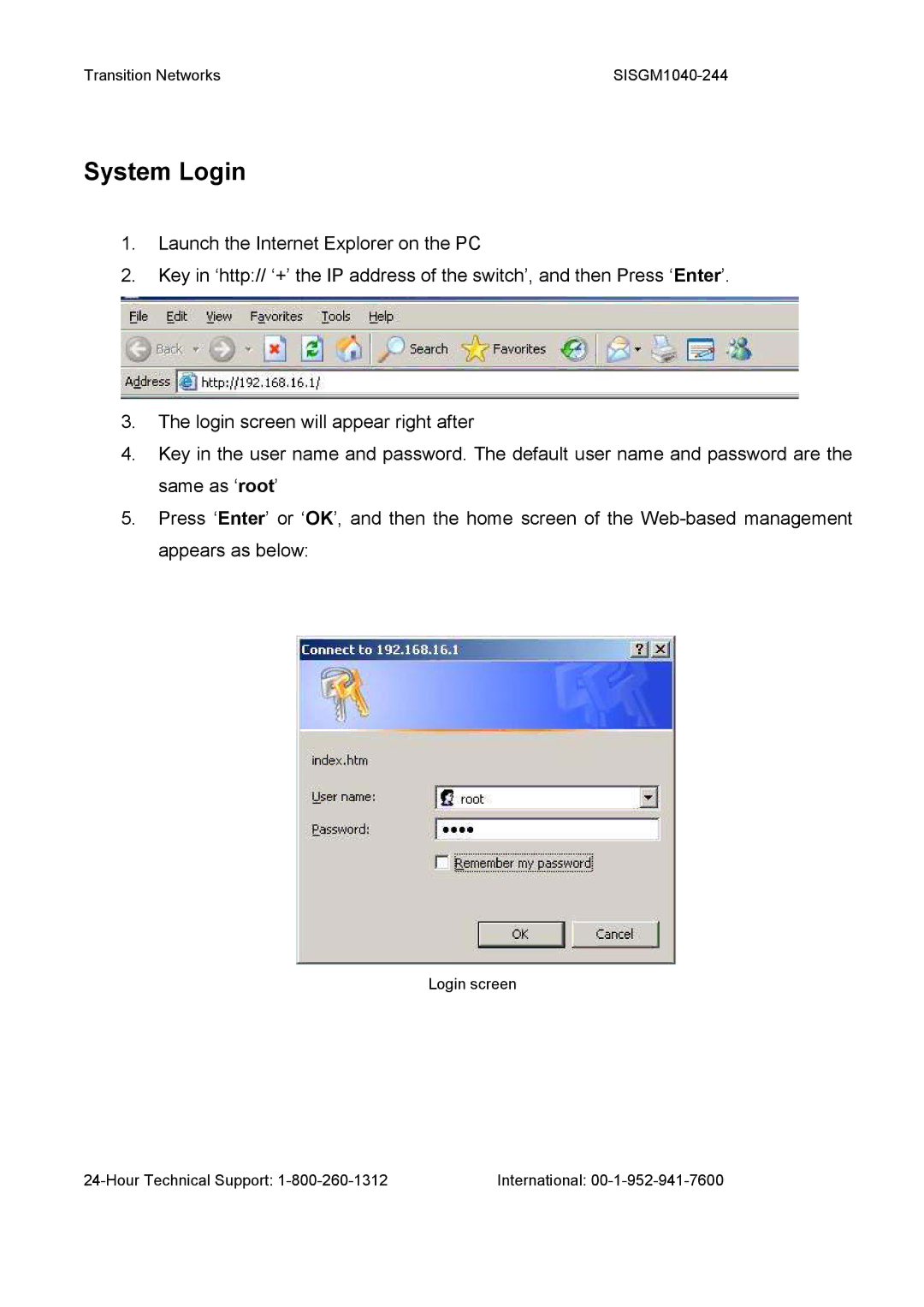 Transition Networks SISGM1040-244 user manual System Login 