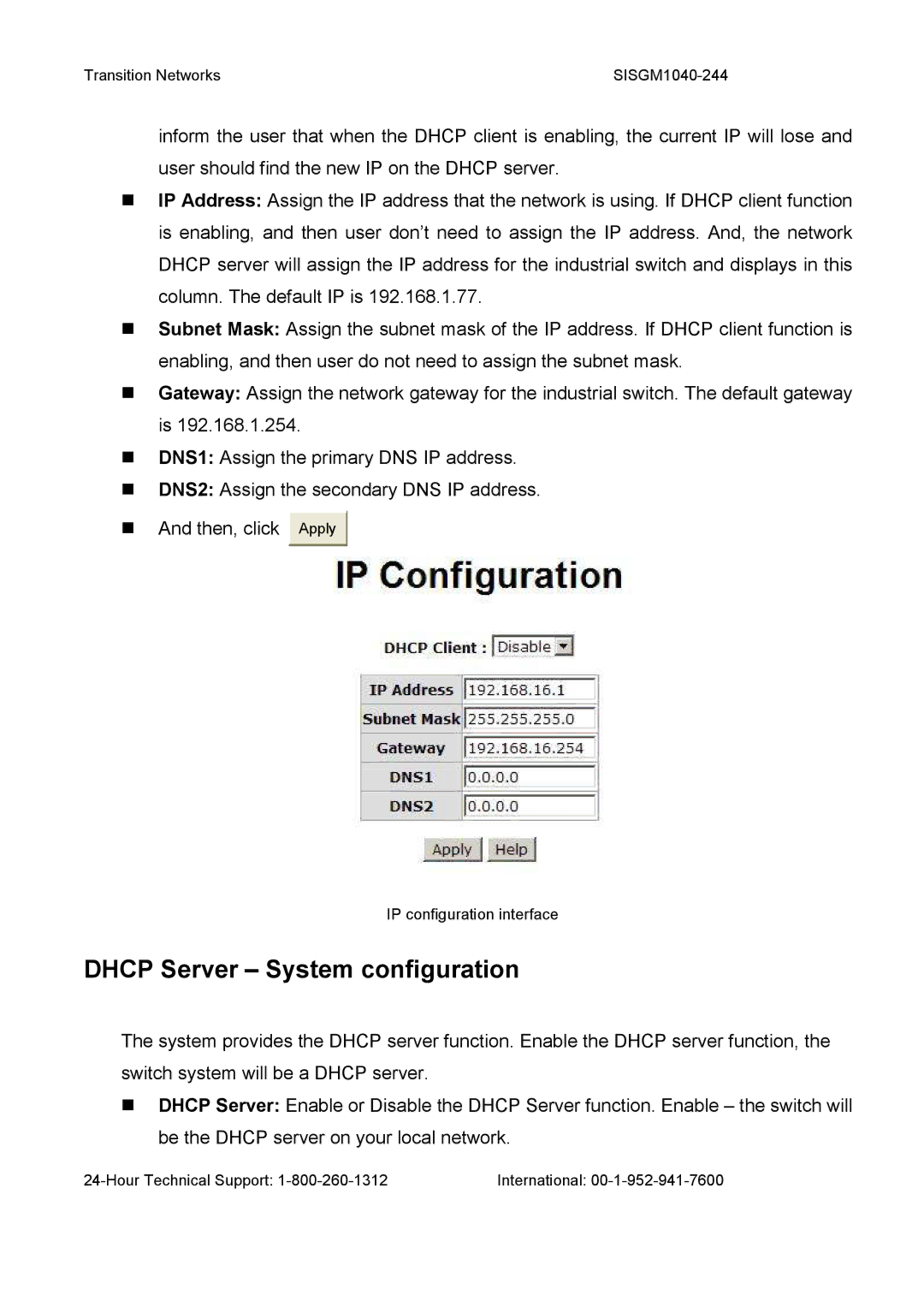 Transition Networks SISGM1040-244 user manual Dhcp Server System configuration 